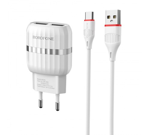 Сетевое зарядное устройство Borofone BA24A 2USB с Type-C кабелем (2.4A) белый