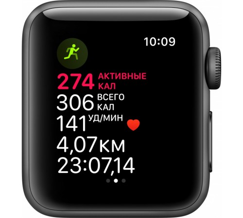 Смарт-часы Apple Watch Series 3, 38 мм, корпус из алюминия цвета «серый космос», спортивный ремешок черного цвета (MTF02RU/A)