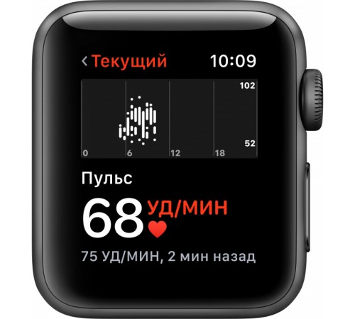 Смарт-часы Apple Watch Series 3, 38 мм, корпус из алюминия цвета «серый космос», спортивный ремешок черного цвета (MTF02RU/A)